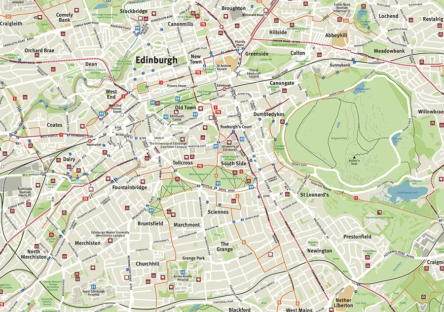 Map of central Edinburgh showing neighbourhoods, streets, and bus routes around Old Town, New Town, and Holyrood Park.