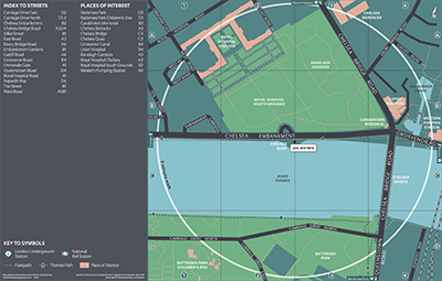 A street map of the Chelsea Embankment area in London, centred on Chelsea Quay, showing nearby landmarks including the Royal Hospital Chelsea, Battersea Park, and Chelsea Bridge, with a 5-minute walk radius indicated.
