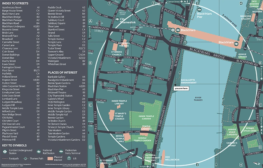 A detailed street map of the Blackfriars and Temple area in central London, showing key landmarks including Blackfriars Station, St Brides Church, Inner Temple Garden, Tate Modern, and the Victoria Embankment along the River Thames, with a street index, places of interest list, symbol key, and a dashed circle indicating a 5-minute walk radius from Blackfriars Pier.