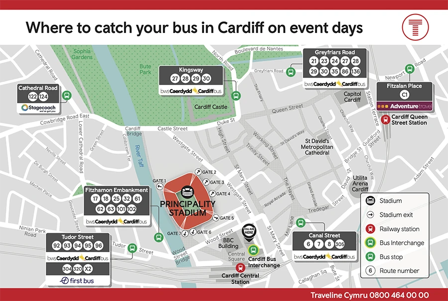 Map titled 'Where to catch your bus in Cardiff on event days.' Shows bus stops near Principality Stadium: Kingsway (27–30), Greyfriars Road (21–136), Fitzalan Place (C1), Cathedral Road (122, 124), Fitzhamon Embankment (17–102), Tudor Street (92–96, 304, 320, X2), and Canal Street (6–305). Cardiff Bus Interchange and Central Station also marked.