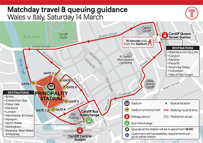 Map showing matchday walking routes from Principality Stadium, Cardiff, for Wales v Italy, Saturday 14 March