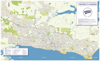 A map of Southend-on-Sea showing streets, neighbourhoods, and the Thames Estuary coastline to the south, with a 'Forward Motion' logo in the top right corner.