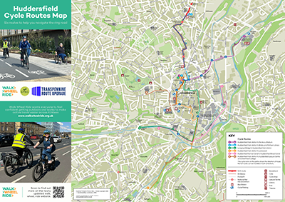 Map of six numbered cycle routes around Huddersfield town centre, produced by Walk Wheel Ride and EPIKS.