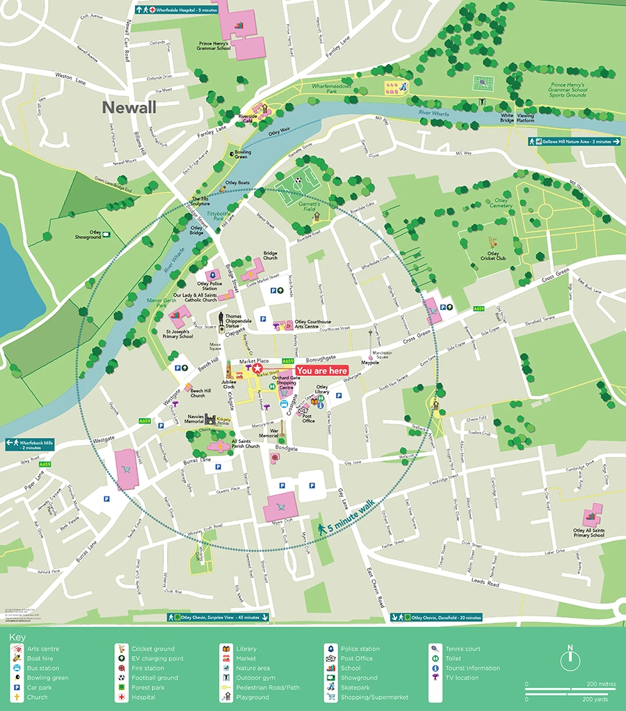 A town centre map of Otley, West Yorkshire, showing landmarks, amenities, and walking distances from Market Place.