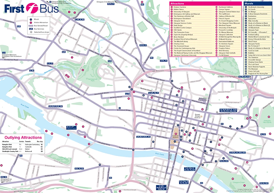 First Bus Glasgow visitor map showing bus routes, stop numbers, and locations of attractions and murals across the city centre.