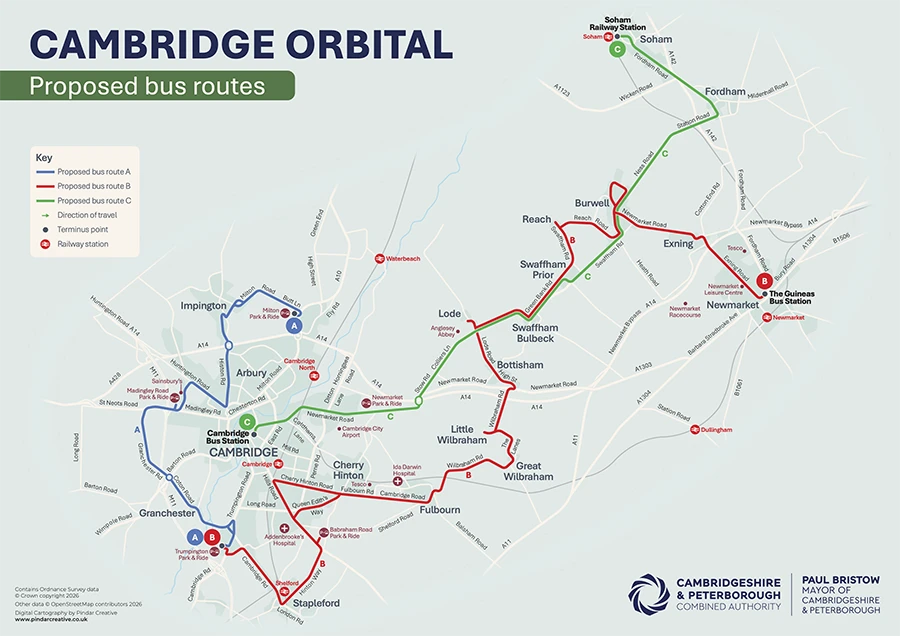 Proposed bus network map for CPCA Bus Network Reimagined consultation