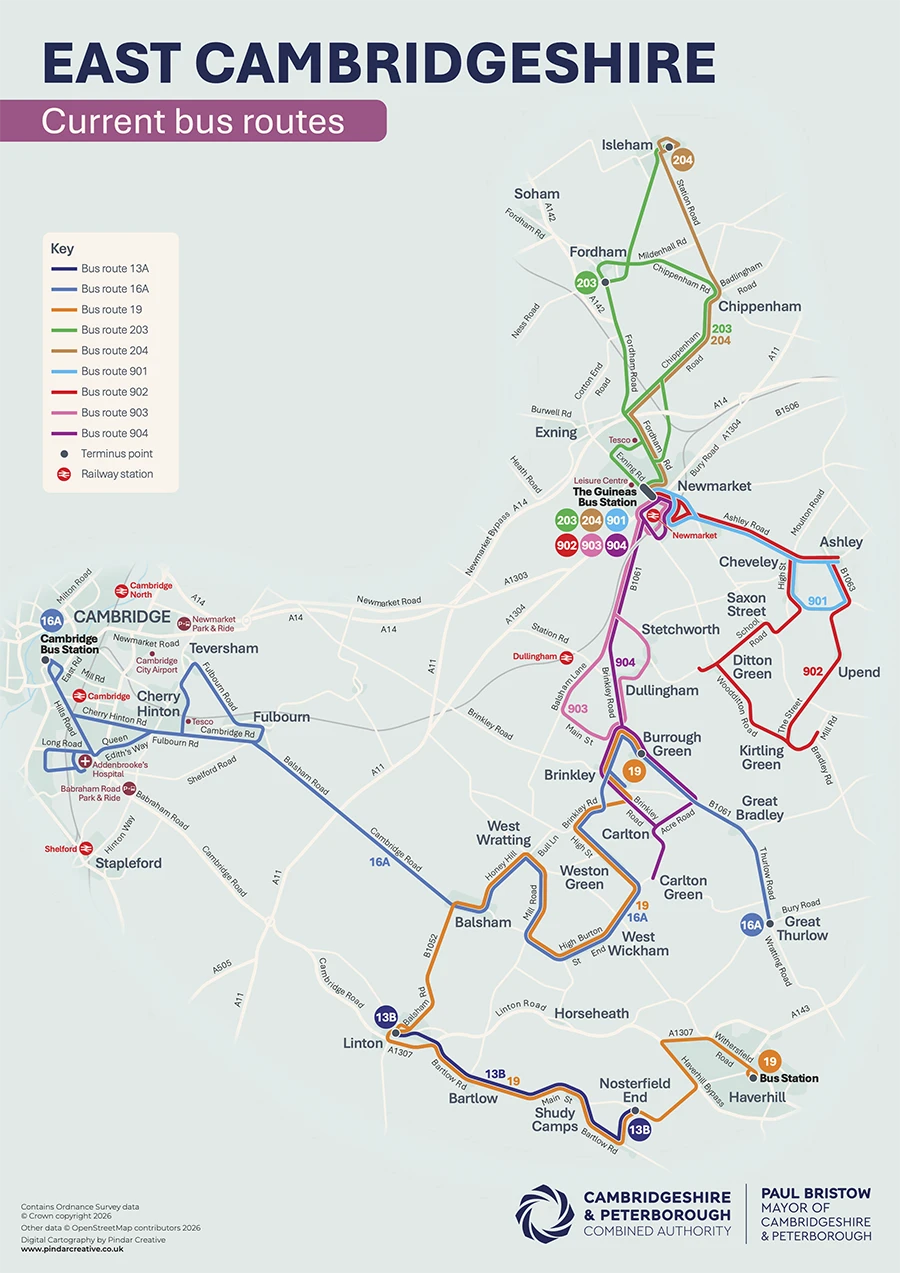 Current supported bus network map for CPCA Bus Network Reimagined consultation