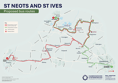 Current and proposed bus network consultation maps produced for CPCA's Bus Network Reimagined programme
