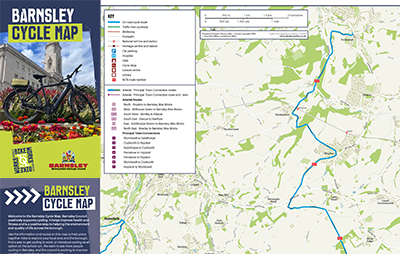 Cycle map showing on-road routes, traffic-free cycleways and bridleways across Barnsley borough