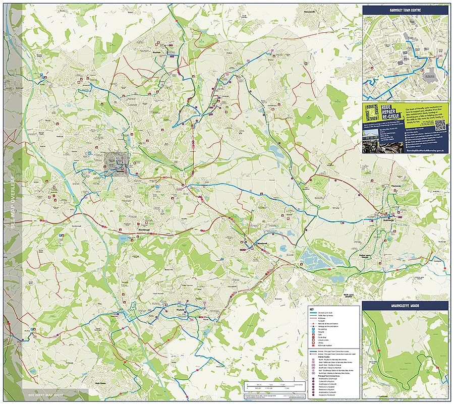Overview map of Barnsley borough showing on-road cycle routes, traffic-free cycleways and bridleways.
