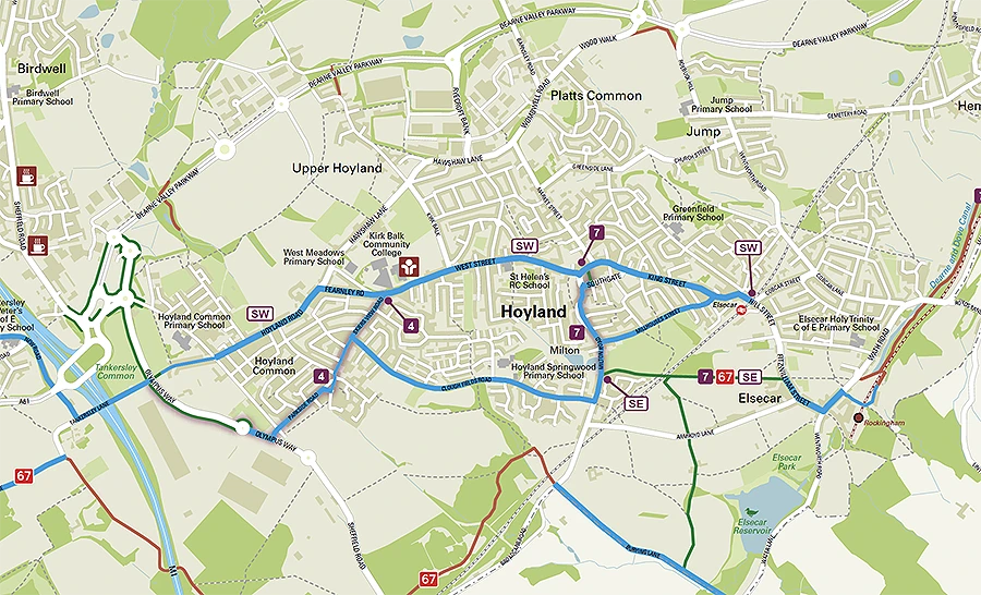 Route map covering Hoyland, Elsecar and surrounding Barnsley-area villages, showing bus routes 4, 7, 67, SE and SW with numbered stops overlaid on a street map.