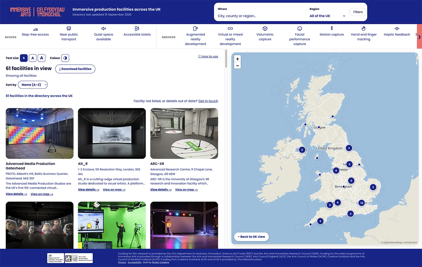 A UK-wide interactive map of immersive production facilities.
