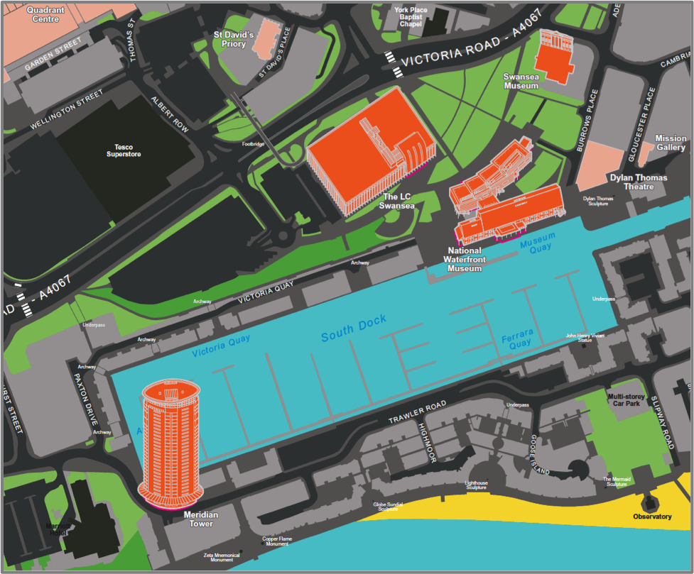 3D buildings in situ on Swansea wayfinding mapping