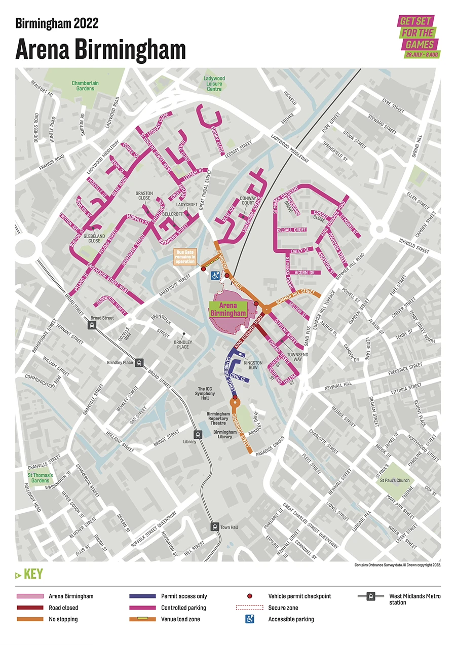 Map highlighting controlled parking and access around the Arena